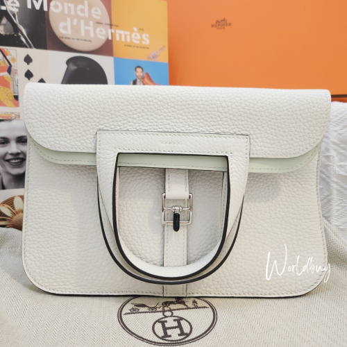 Hermes Halzan 25 New White 併汽泡綠銀扣