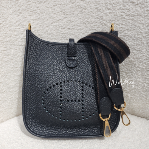 Hermes Mini Evelyne 黑色金扣配間條肩帶