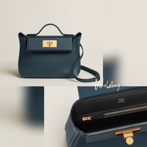 Hermes Mini 2424 Prusse 併黑金扣